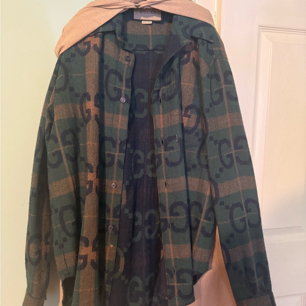 Gucci Green and Tan Logo Dress Shirt